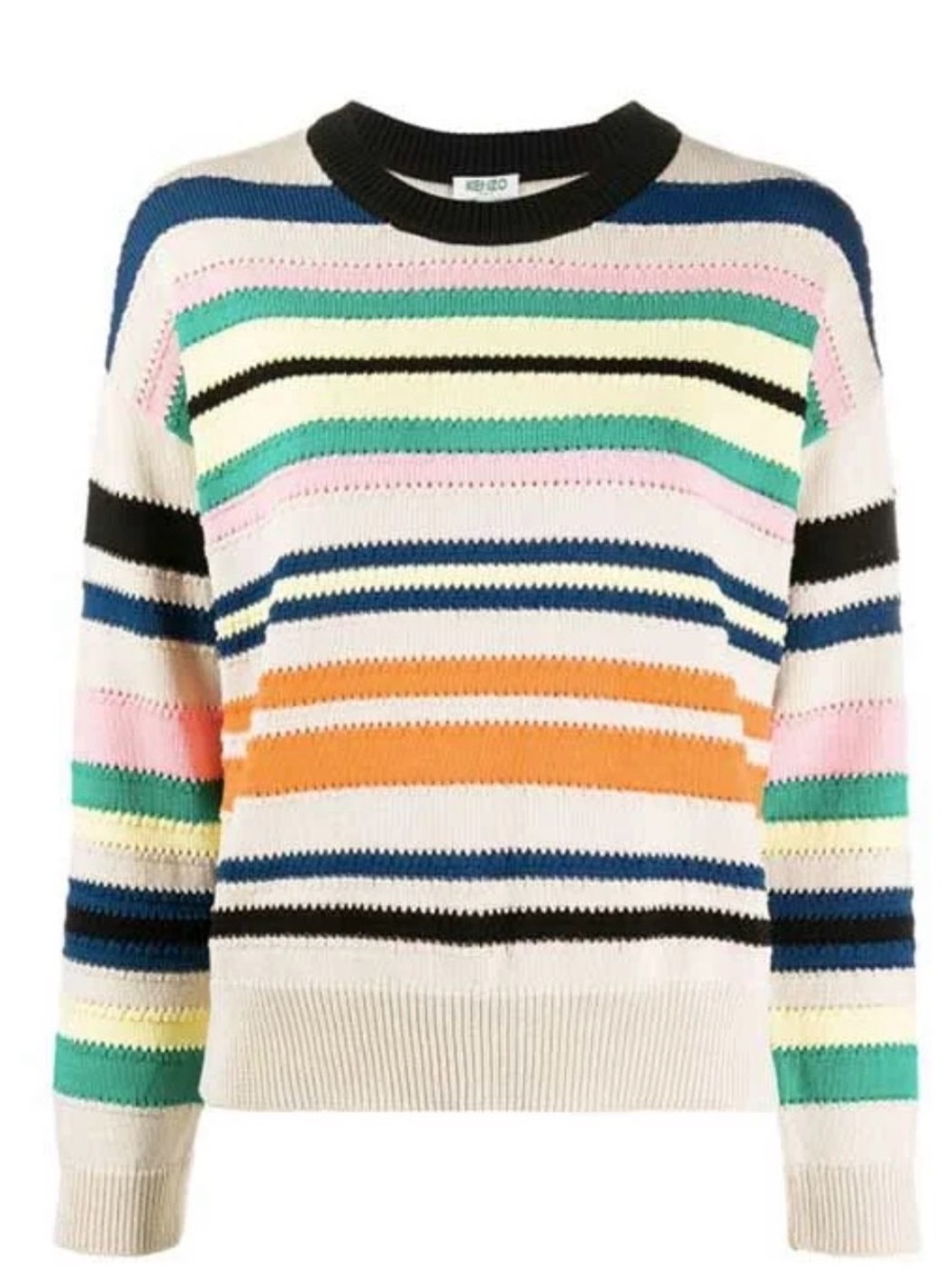 Kenzo Cream Ribbed Crewneck Sweater with Multicolor Stripes